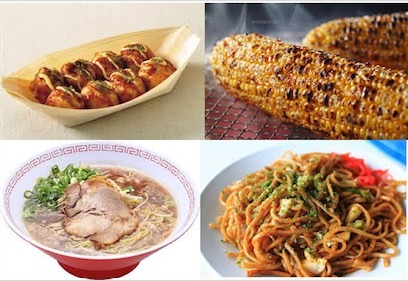 グルメの模擬店(たこ焼き,焼きそば,焼きとうもろこし,ラーメン)